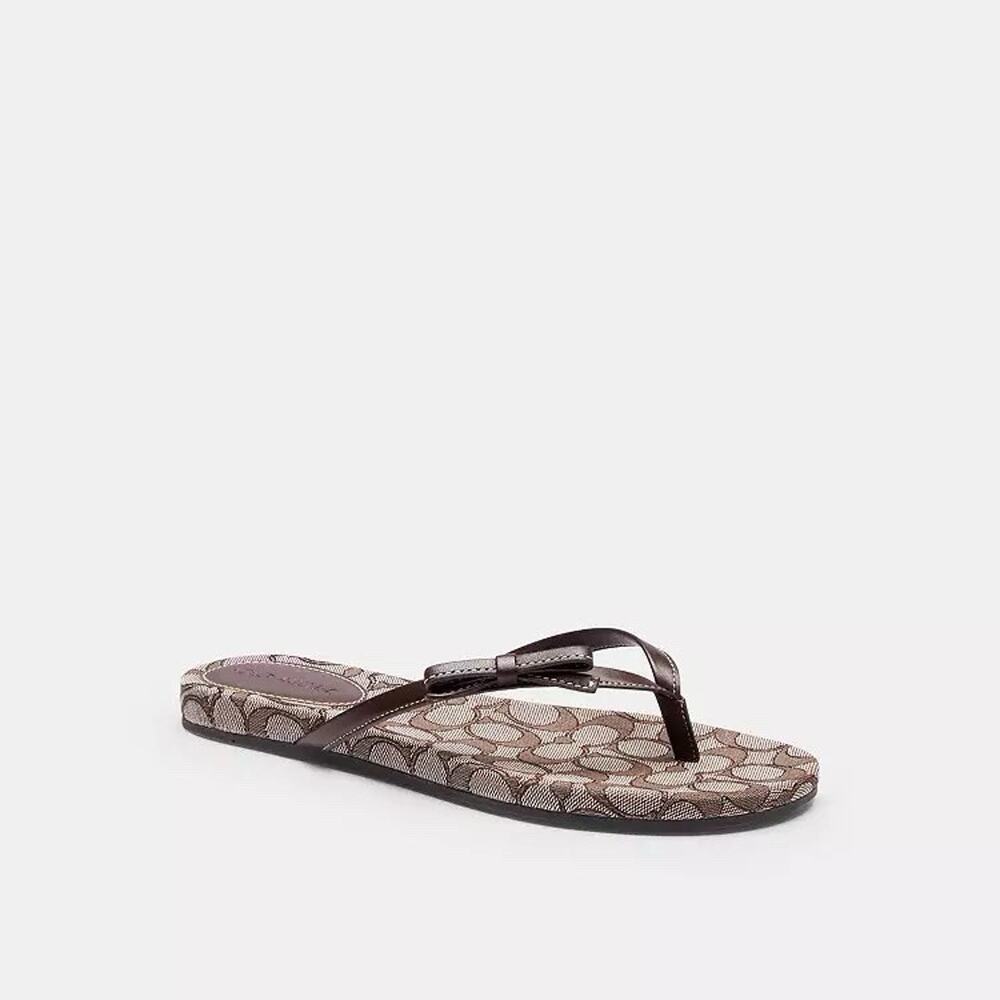 NWT Coach Woman Bow Flip Flop In Signature Jacquard us 7 CEE17 Oak/Maple